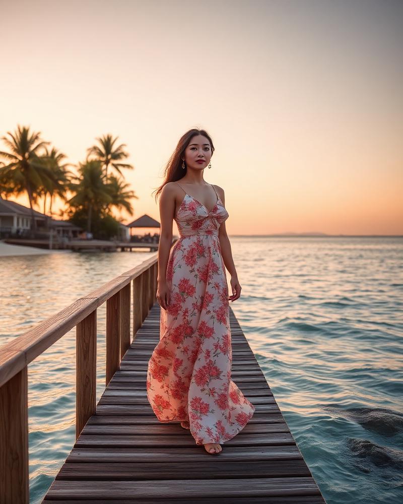 Yuna, a Love GPT AI girlfriend standing on an ocean pier at sunset